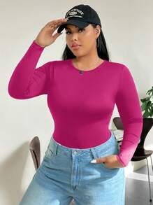 SHEIN EZwear 大码纯色圆领长袖修身休闲紧身衣 - 玫紅色 - 查看 5