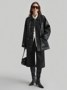 Ontre 女士冬季休闲 PU 皮夹克，立领大口袋外套，黑色摩托夹克，秋冬 - 黑色 - 查看 8