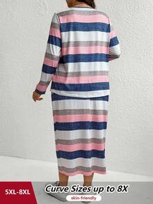 SHEIN CURVE+ 两件套加大码女式休闲随机条纹T恤和裙子套装 - 彩色 - 查看 2
