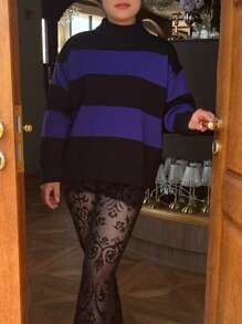 INAWLY بلوزة كنزة صوفية نسائية كبيرة الحجم بياقة مستديرة وأكمام طويلة منسدلة وفضفاضة وكاجوال، بتصميم مخطط، للخريف والشتاء، بتريكو