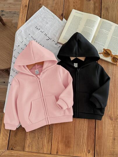 SHEIN LMoss Kids LMoss 2 件套女婴可爱纯色连帽运动衫套装