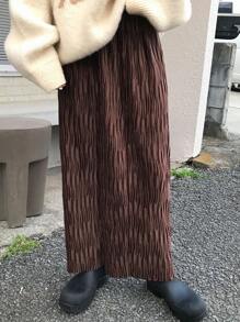 FRIFUL 女士休闲纯色纹理面料直筒长裙，秋冬 - 棕色 - 查看 3