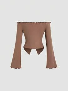 Sweetra Áo crop top cổ điển kẻ sọc hở vai gợi cảm mới dành cho nữ có nơ, tay dài, vừa vặn, phong cách đại học, dành cho mùa thu đông Y2K - Cà phê nâu - Xem 2