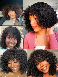 Bob Wig Human Hair 10-16 Inch Human Hair Wigs With Bangs 2x1 Bob Lace Front Kinky Curly Human Hair Wig Human Hair Glueless Wigs For Women Natural Black - Natural Black - View 8