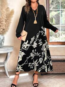 Plus Size Woven Solid Color & Iris Flower Print Patchwork A-Line V-Neck Loose Long Sleeve Dress Maxi Women Outfit