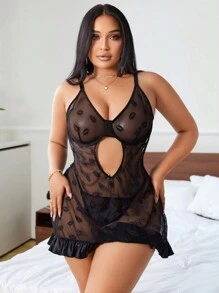 2 件套加大码性感镂空唇提花网布中腰丁字裤内衣套装