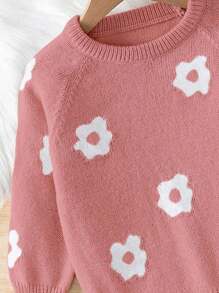SHEIN Jong meisje bloemenpatroon ronde hals lange mouw gebreide trui en broek set, casual