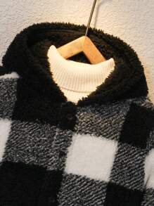 YOUNG BOY 浅棕色格子印花长袖连帽撞色保暖内衬夹克，秋冬季厚款保暖外套 - 白色 - 查看 3