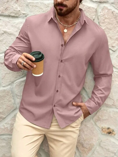 Manfinity RSRT Men's Solid Color Front Button Long Sleeve Casual Shirt, Daily Casual Wear, Fall