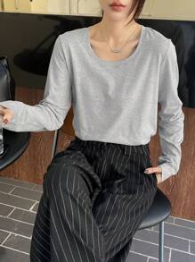 DAZY Camiseta casual de manga larga con cuello redondo de un solo color, versátil, para mujer