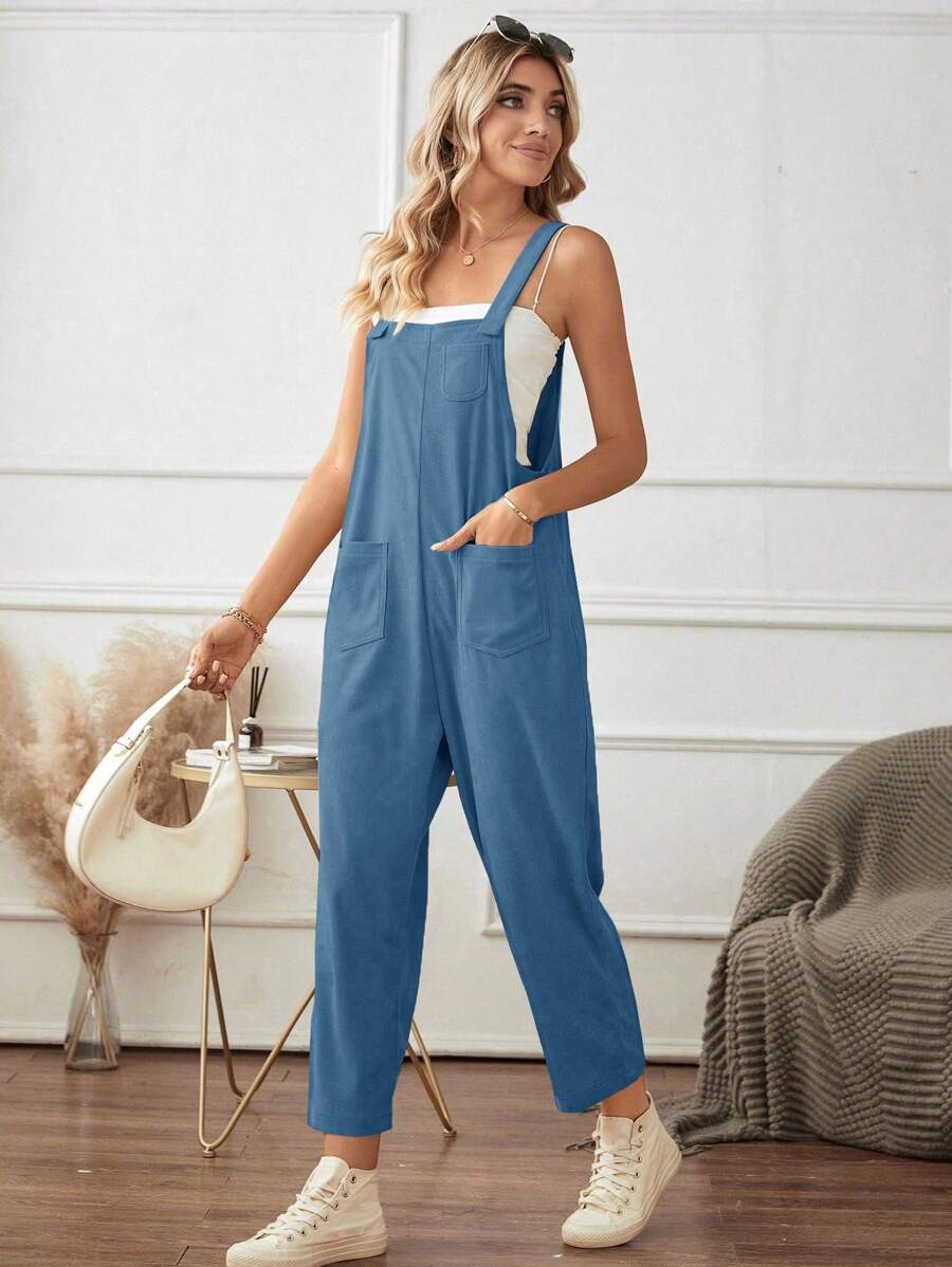 Chiquease 純色口袋貼片連身褲（無吊帶上衣） - 寶藍色 - 查看 1