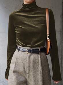 FRIFUL Áo thun dài tay cổ lọ nhung trơn màu thường ngày dành cho nữ, Quần áo thu/đông, mùa thu cho nữ - xanh quân đội - Xem 4