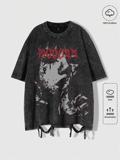Anime Herren T-Shirt mit verwaschener Porträt-Grafik, Streetwear
