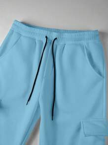 Manfinity Homme Men's Solid Color Utility Pocket Drawstring Hoodie And Sweatpants Set, Autumn, Men 2 Pieces Sweatsuit Set Light Blue, Men Blue Hoodie And Jogger Set, Men Sweatsuit Set Light Blue - Baby Blue - View 4