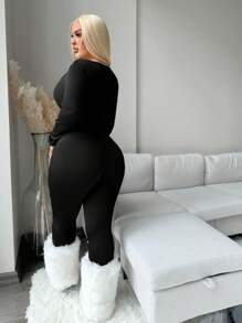 SHEIN SXY Women Plus Size Autumn/Winter Turtleneck Jumpsuit Seamless Jumpsuitblack Body Suitblack Jumpsuit Long Sleeveplus Size Body Suit