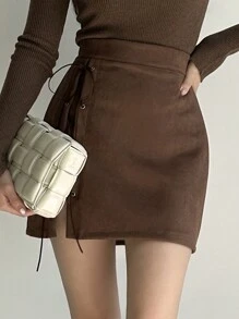 DAZY Women Solid Color Tie-Up Fitted Skirt - Brown - View 3