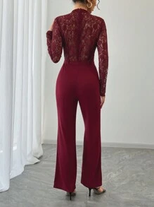 Chiquease Women's Elegant Sexy Solid Color Lace Patchwork Jumpsuit For Christmas Fall Cloth For Women - Burgundy - View 2