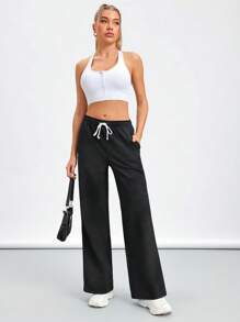Women's Loose Fit Straight Leg Drawstring Sports Pants With Pockets - Black - View 3