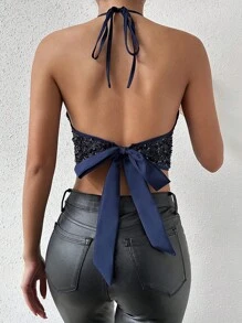 Allurite 性感亮片系带露背吊带上衣，派对俱乐部服装，适合节日派对服装