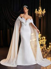 Glamrae Elegante y lujoso vestido largo de cola de pez con escote en V profundo y perlas en color blanco, vestido largo moldeador adecuado para bodas, fiestas y ocasiones formales