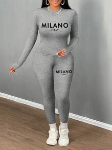 Slaydiva MILANO Casual Minimalist Letter Print Long Sleeve Tight Fit T-Shirt And Tight Fit Leggings 2 Pieces Set, Suitable For Spring Women Two Pieces Outfit 2 Pieces Lounge Set Women Long Sleeve Two Pieces Set Two Pieces Set Women Grey Two Pieces Set,Fall - Light Grey - View 3