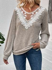 EMERY ROSE Damen Gerippter Kontrast Spitze Transparenter Stickerei Mesh Yoke Langarm Strickpullover für Herbst
