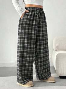 SHEIN EZwear Plus Size Cotton Drawstring Vintage Plaid Pants, Autumn & Winter