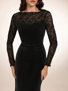 Modelyn Vestido largo elegante de mujer de unicolor con parches de encaje y cola de pez para otoño, vestidos de noche largos