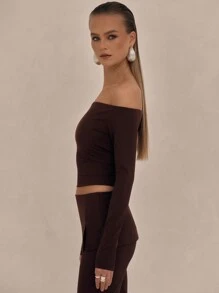 MUSERA 性感不对称领长袖上衣，适合度假、春夏秋季穿着。 - 棕色 - 查看 2