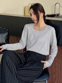 DAZY Camiseta casual de manga larga con cuello redondo de un solo color, versátil, para mujer