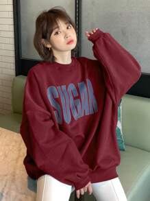 DAZY Women's Oversized Loose Big Letter Fleece Hoodie, Spring And Autumn - Burgundy - View 4