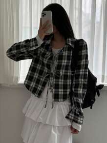 DAZY Women's Regular Collar Black & White Plaid Long Sleeve Bowknot Blouse, Spring/Summer/Autumn Cute Tops