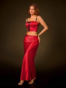 SHEIN SXY 2 件套优雅缎面连衣裙：细肩带吊带上衣 + 美人鱼长裙，适合派对、聚会、约会、生日 - 紅色 - 查看 1