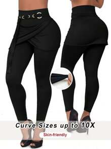 SHEIN CURVE+ 大码女式高腰无缝褶皱时尚运动户外健身紧身裤 - 黑色 - 查看 1