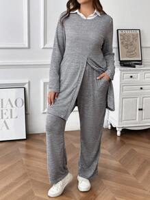 SHEIN LUNE Set de 2 piezas de top y pantalones de unicolor con cuello redondo para mujer talla grande, otoño/invierno - Gris - Ver 3