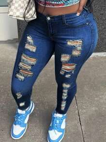 Women's Solid Color Distressed Insert Pocket Skinny Jeans