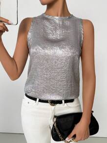 SHEIN Clasi Summer Fashion Solid Textured Tank Top - Silver - View 7