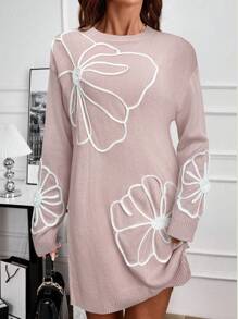 EMERY ROSE Women's Embroidered Crewneck Long Sleeve Sweater Dress - Pink - View 4