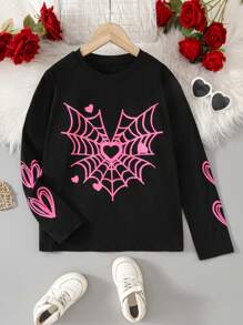 SHEIN Matching Mother Daughter Pink And Black T-Shirt,Autumn Cute School Heart Spider Web Pattern,Loose Round Neck Drop Shoulder Long Sleeve Family Outing - Black - View 6