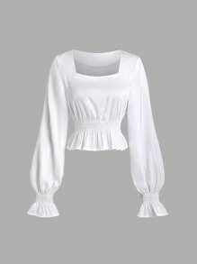 Sweetra Ruched Satin Bow Blouse With Detachable Bow Accent, Elegant Puff Sleeve Shirt For Classy Lady, Autumn/Winter For Holiday Party Clothes Peplum Top - White - View 5