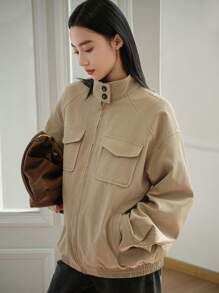 Dazy-Less Chaqueta casual y holgada de unicolor con bolsillos, manga larga, estilo utilitario, ropa de otoño para mujer