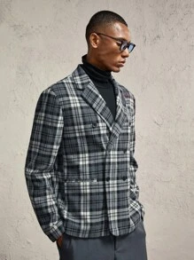 Manfinity RebelGame 2pcs/Set Men's Grey Plaid Formal Blazer Suit,Summer Smart Casual Letter Embroidery Slim Fit Long Sleeve Woven Outfit For Office Autumn/Winter Wear - Dark Grey - View 5
