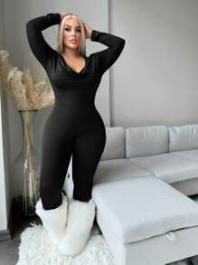 SHEIN SXY Women Plus Size Autumn/Winter Turtleneck Jumpsuit Seamless Jumpsuitblack Body Suitblack Jumpsuit Long Sleeveplus Size Body Suit