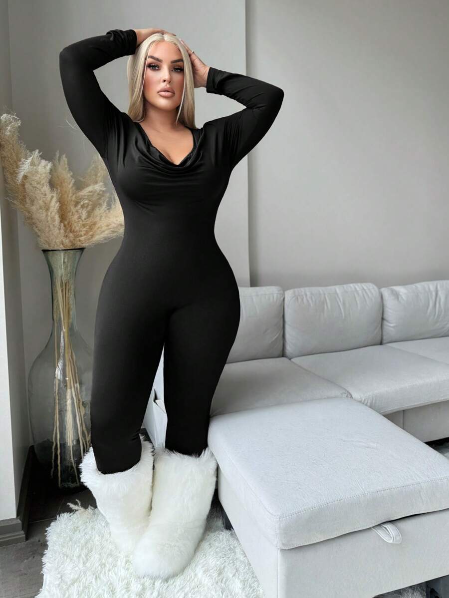 SHEIN SXY Women Plus Size Autumn/Winter Turtleneck Jumpsuit Seamless Jumpsuitblack Body Suitblack Jumpsuit Long Sleeveplus Size Body Suit