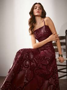 Anewsta Falda midi elegante de cintura alta en A con bordado de PU, burdeos