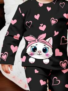 SHEIN Baby Girl Cute Pink Heart & Cat Print Casual Comfy Long Sleeve Top & Pants Snug Fit Loungewear Set - Multicolor - View 4