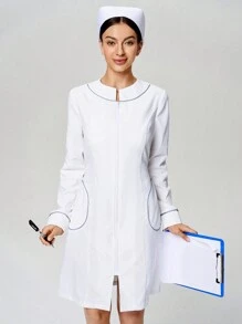 Scrubzie Anti-Wrinkle Color Block Long Sleeve Round Neck Nurse Dress For Women - White - View 4