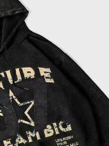 ROMWE MEN Prep Men's Letter & 5-Pointed Star Print Long Sleeve Drawstring Hoodie Sweatshirt, Autumn