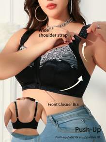 1pc Plus Size Lace Patchwork Wireless Bra - Black and White - View 5