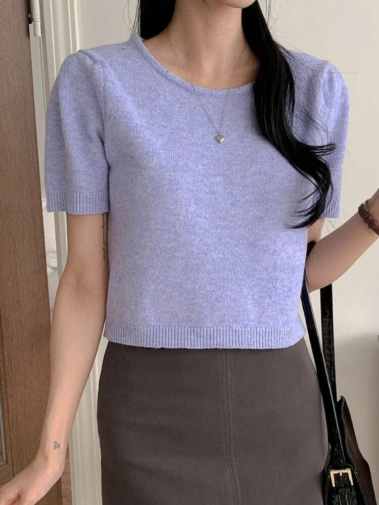 Floral Chiffon Fitted Short Sleeve Knitted Round Neck Blouse For Women,Fall Clothes